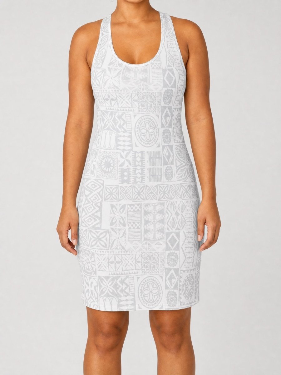Racerback dress in the White Sunday grey elei print