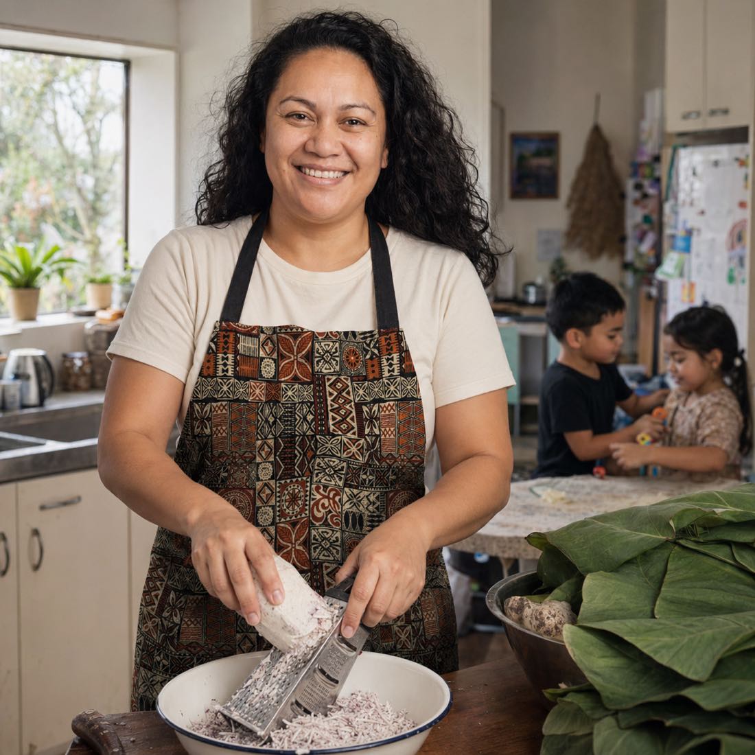 Elei Print apron featuring vibrant Polynesian-inspired patterns, perfect for cooking or crafting.