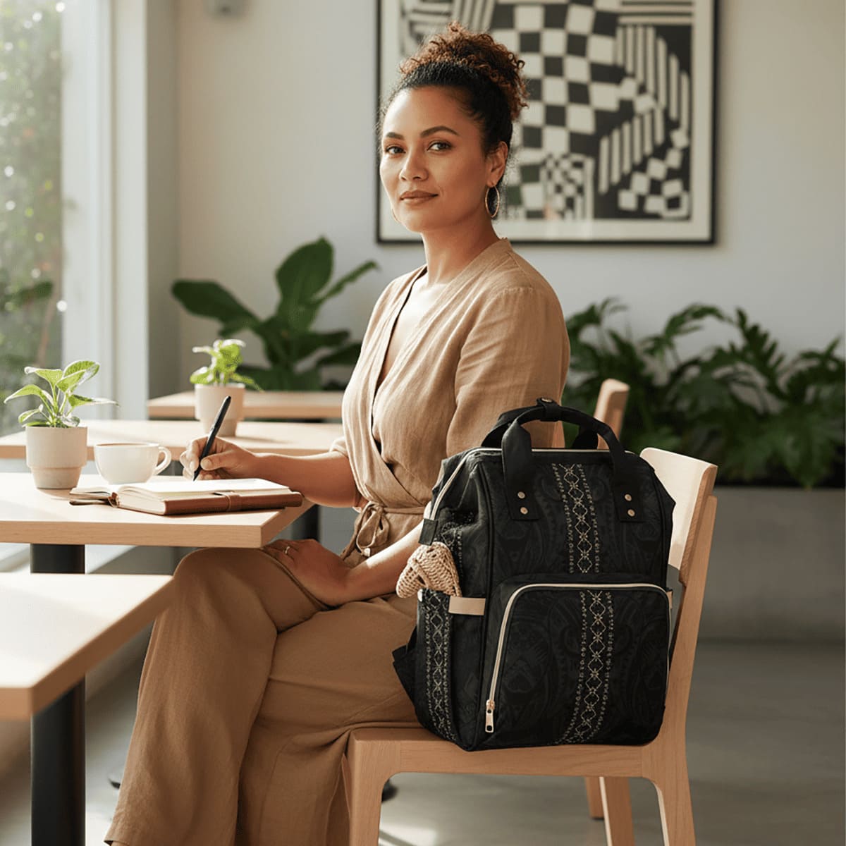 Malu multipurpose diaper bag with multiple compartments, black fabric, and adjustable straps for convenient baby care.