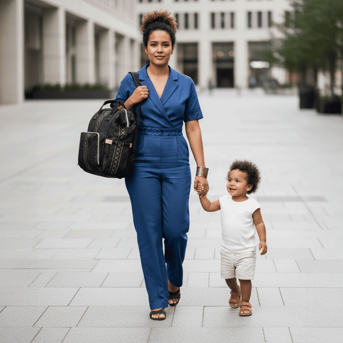 Malu multipurpose diaper bag with multiple compartments, compact design, and adjustable straps in neutral colors.