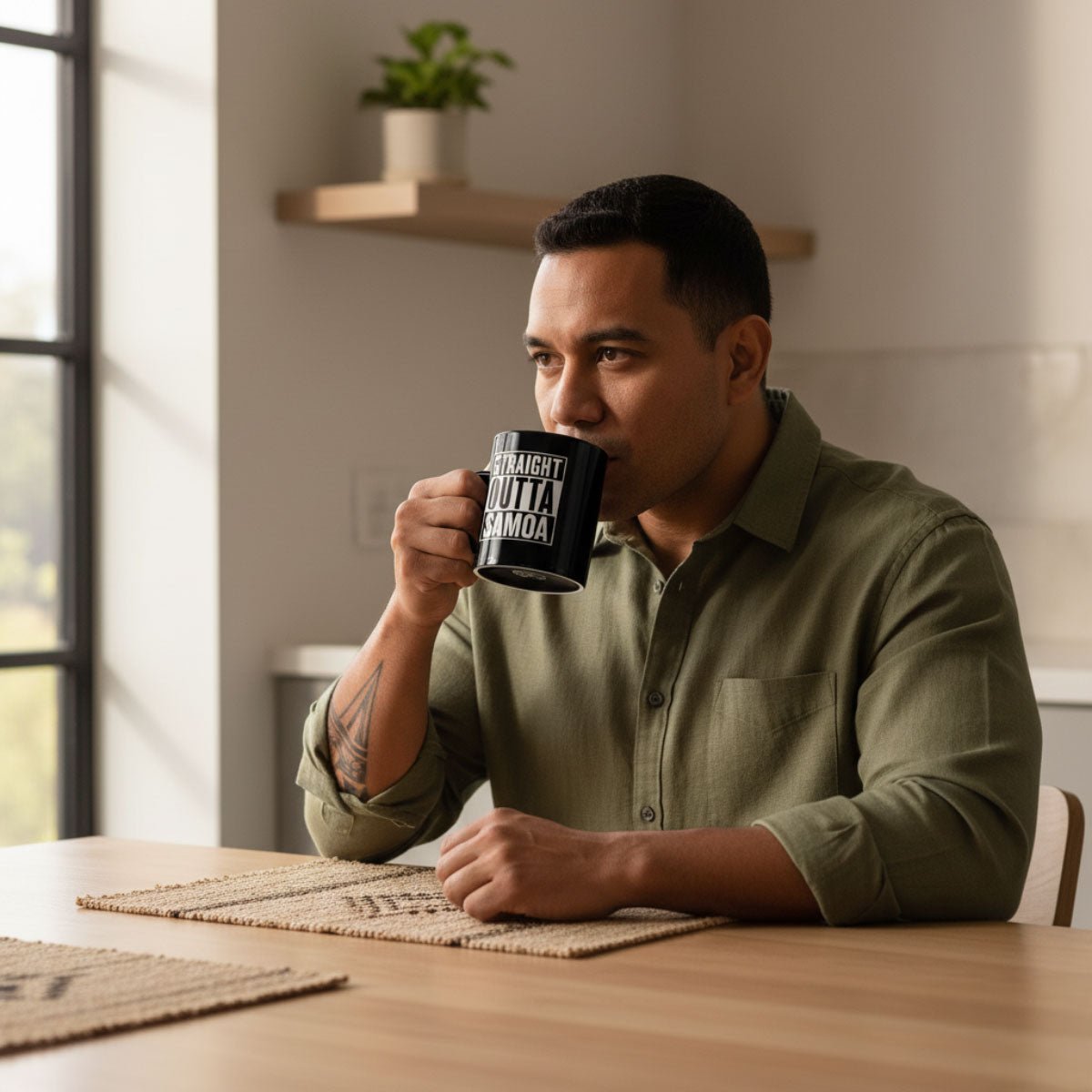 325ml mug featuring "Straight Outta Samoa" design, with a white ceramic mug and tropical-themed print.