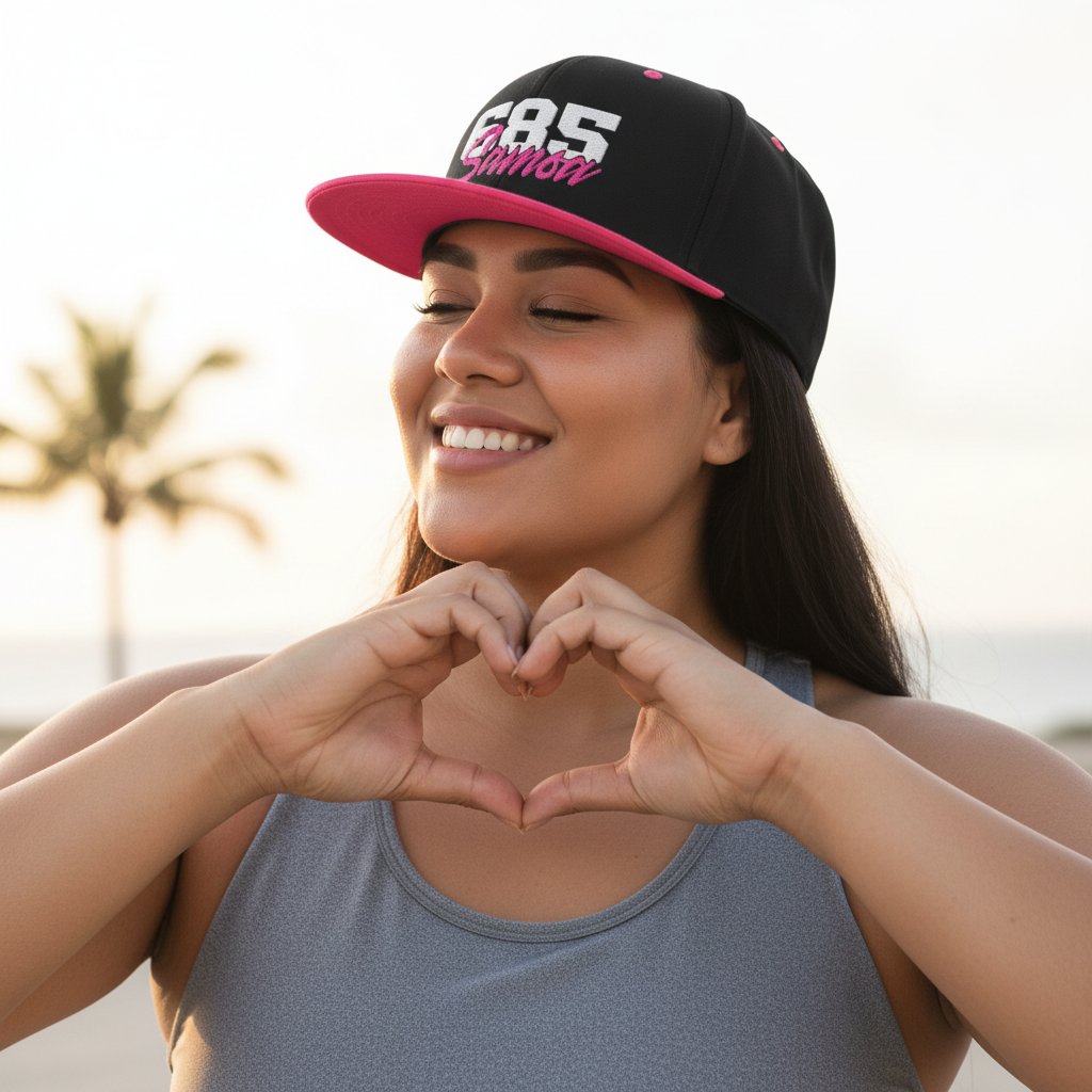 Flat Bill Snapback Hat - 685 Samoa - White & Neon Pink Embroidery