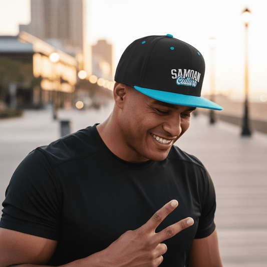 Flat Bill Snapback Hat - Samoan Culture - Blue White Embroidery - AU/NZ/USA - The Koko Samoa