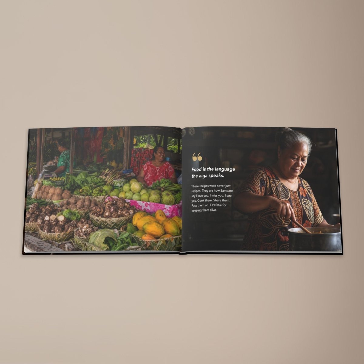 Hardcover keepsake book featuring six traditional Samoan recipes, with vibrant cover design.