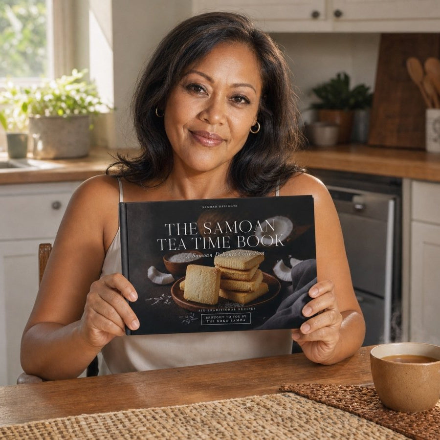 Hardcover keepsake book titled "The Samoan Tea Time Book" featuring six traditional Samoan recipes, published.