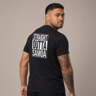 Heavy unisex T-shirt featuring "Straight Outta Samoa" design by The Print Bar, shown in white with bold black text.