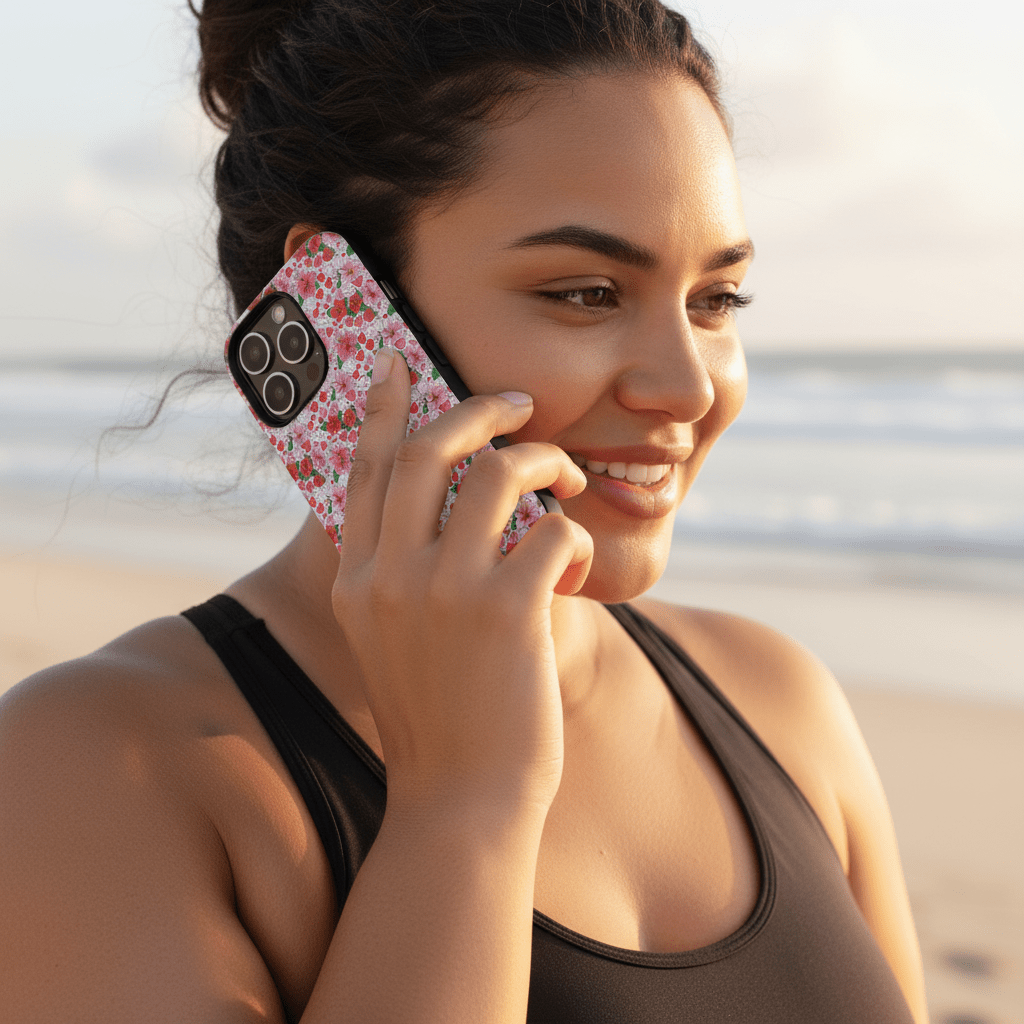 iPhone tough phone case with Love & Aute design, durable protection for iPhone models in AU/NZ/USA, featuring tropical artwork.