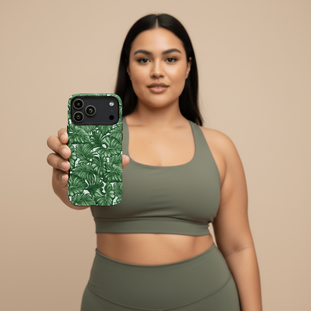 WOYC iPhone Tough Phone Case Saoluafata Canopy design, durable protective cover for iPhone models with tropical motif.