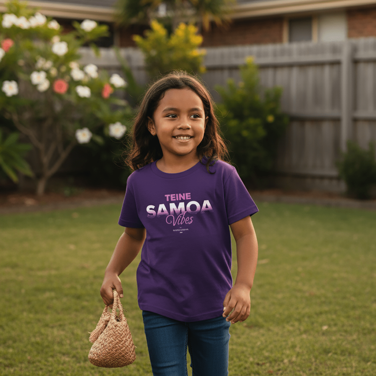 Kids unisex T-shirt featuring Samoa Vibes design by The Print Bar, showcasing colorful island-inspired artwork on a casual tee.