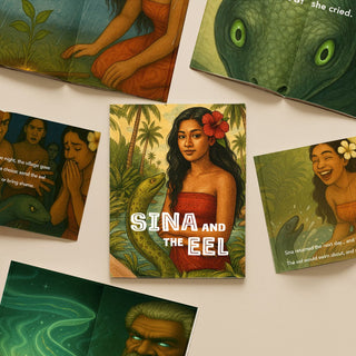 Softcover book titled "Sina & The Eel" by Lulu Direct, featuring colorful cover art and illustrations.
