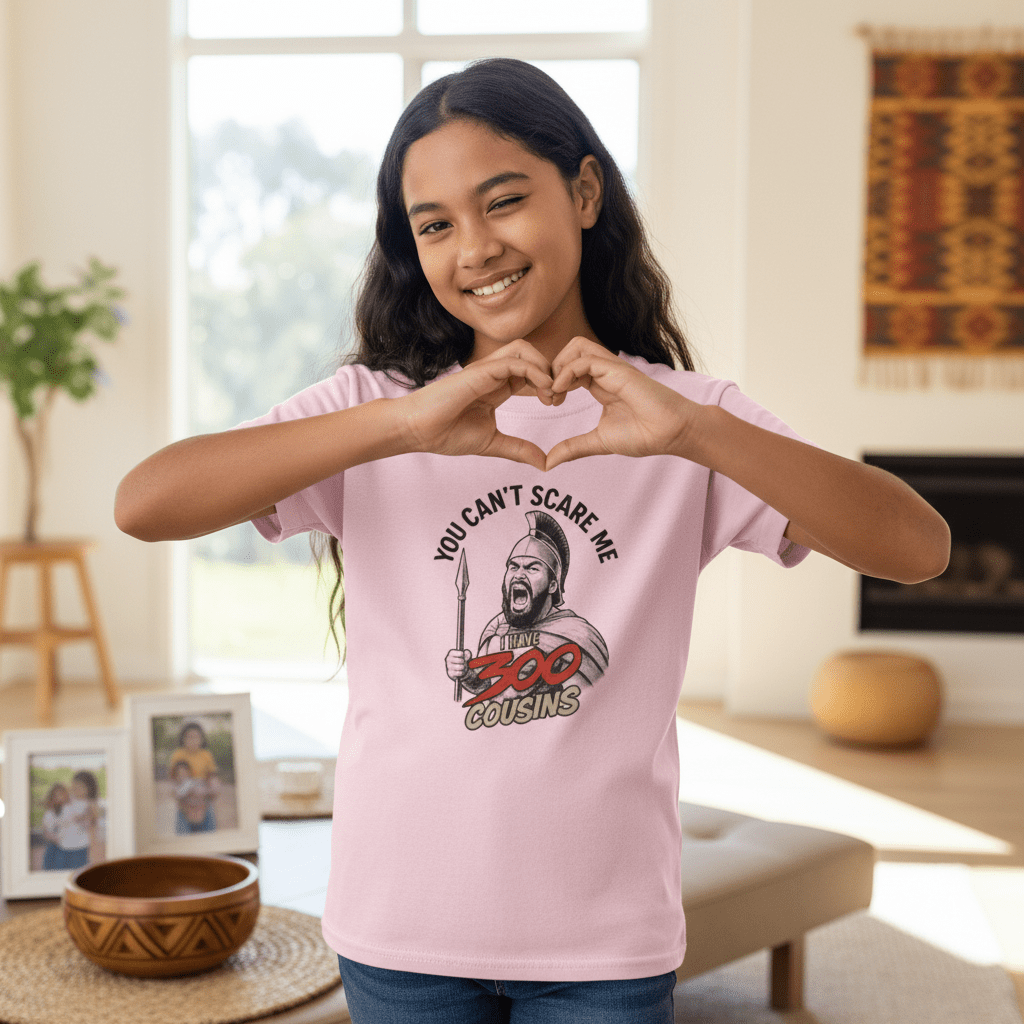 Red kids unisex T-shirt from The Print Bar featuring a monster digital print and "300 Cousins" design, suitable for AU/NZ kids.