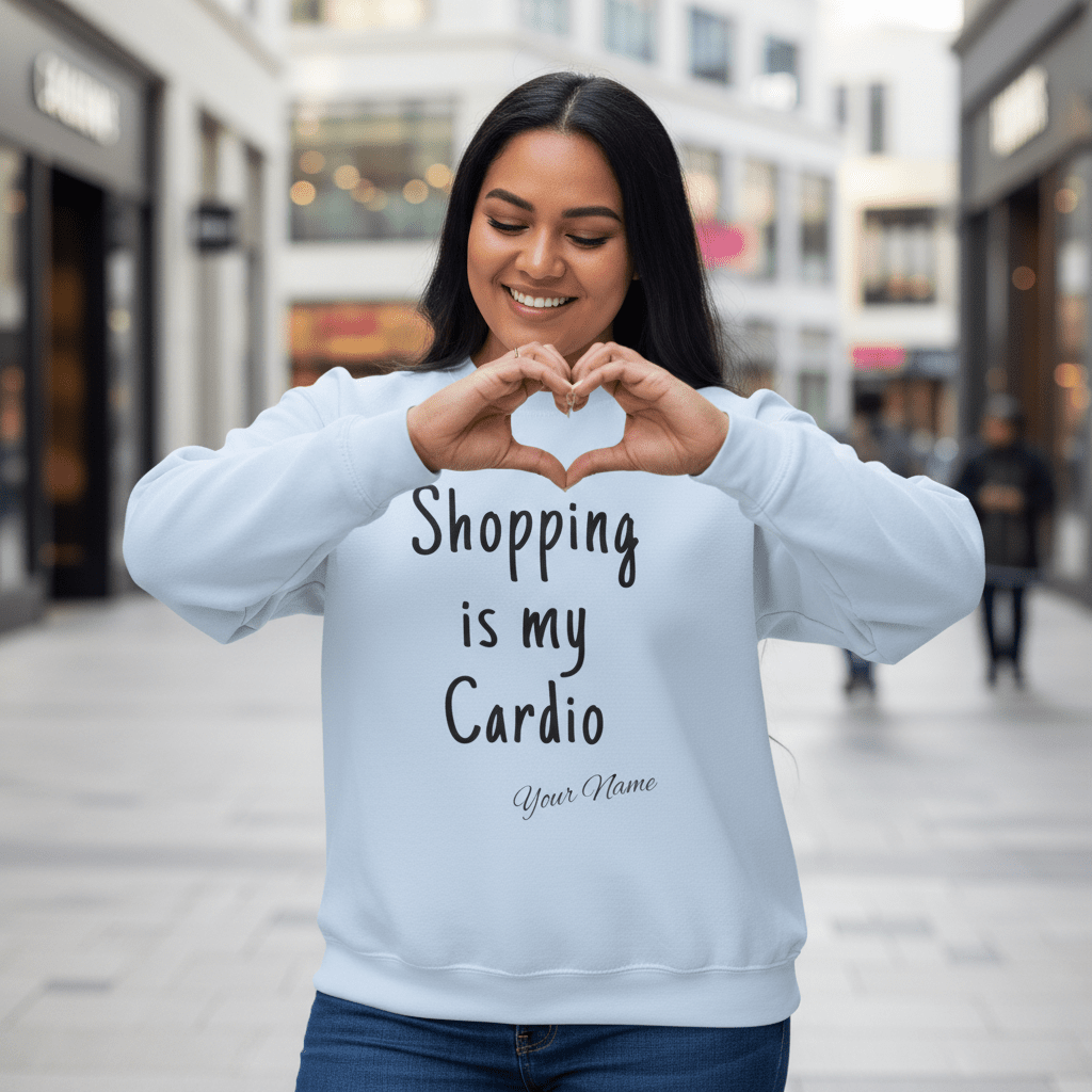 Unisex heavy sweatshirt featuring "Shopping is My Cardio" print, personalized, ash color, casual wear.