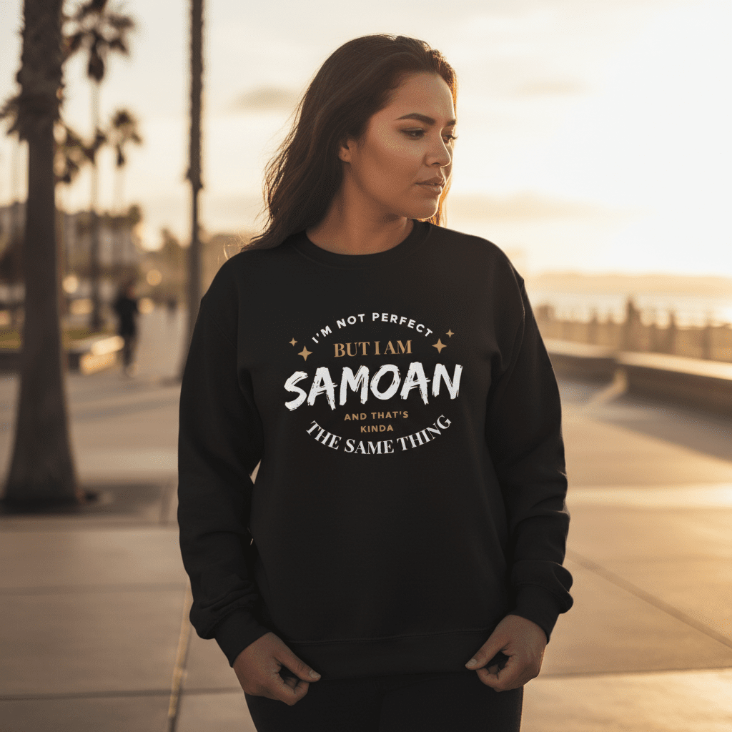 Unisex heavy sweatshirt featuring a monster digital design on dark heather fabric, personalized Not Perfect But Samoan.