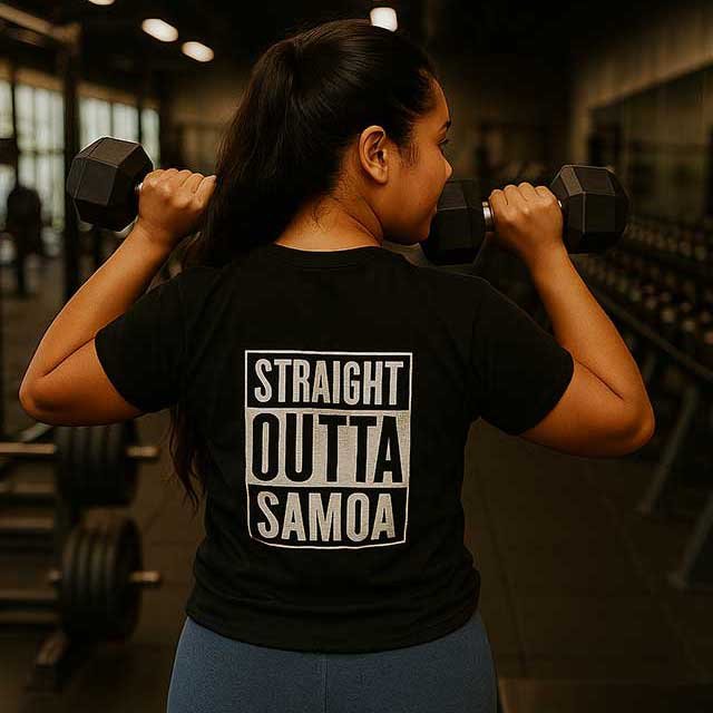 Black unisex heavy tee by The Print Bar featuring "Straight Outta Samoa" graphic, suitable for casual wear.