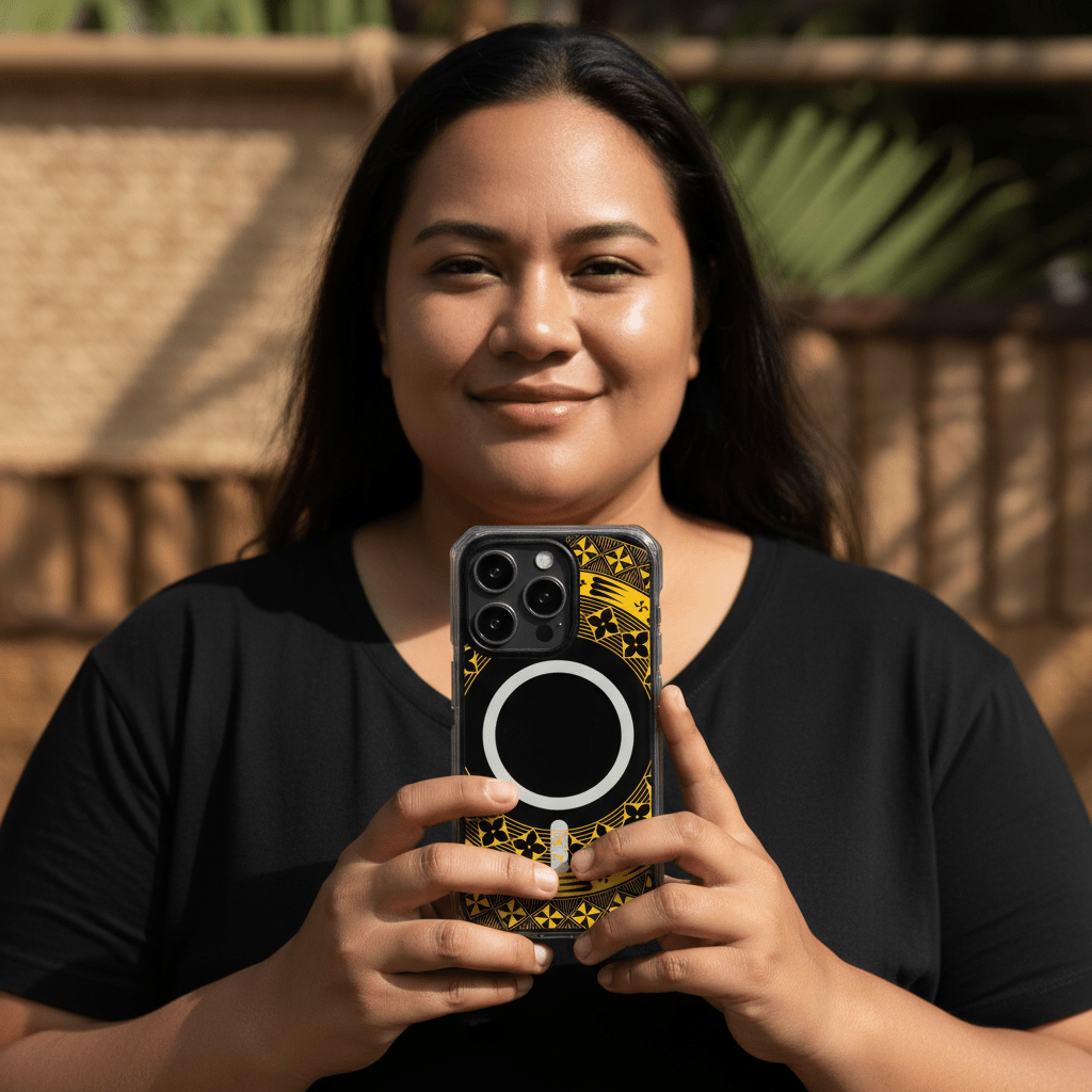 PasifikaOne MagSafe clear case for iPhone in Tongan Yellow, showcasing a vibrant, transparent protective cover with Pacific-inspired design.