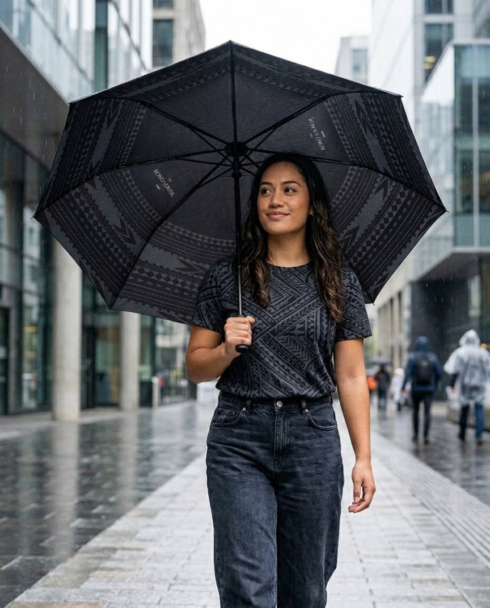 PasifikaOne umbrella in pea color, 48-inch, with Polynesian-inspired design, open view showing vibrant fabric and sturdy frame.