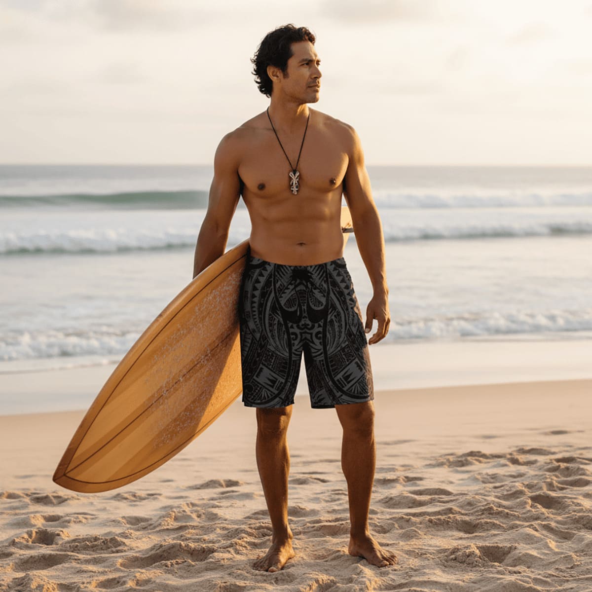 Men's Warrior board shorts by Smart Printee featuring a colorful design with matching seam thread, suitable for AU/NZ.
