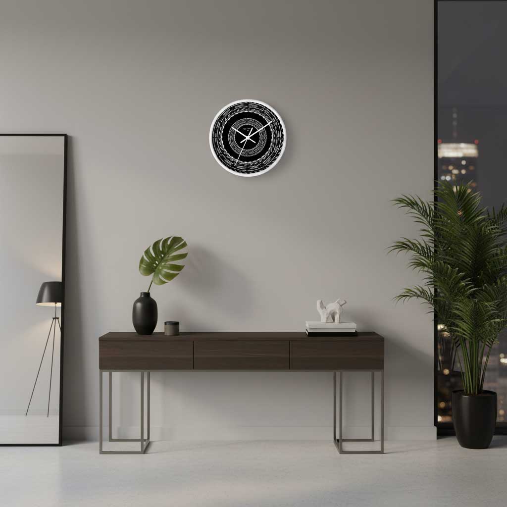 Black 10-inch wall clock with Samoan arrows design, featuring a modern home decor style.