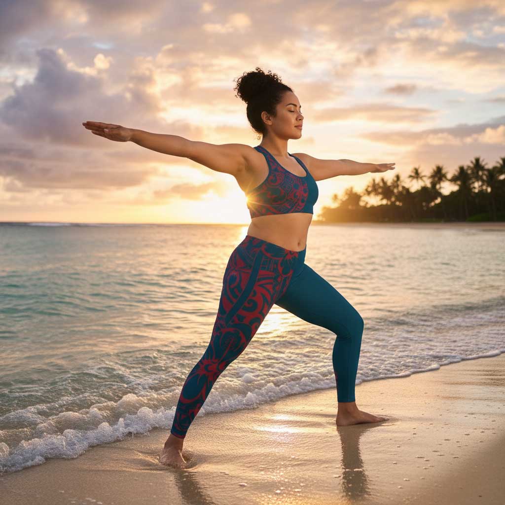 FYBY IslandFlex Mid-Rise Leggings in Bloom Winterberry Blue, plus size 2XL to 6XL, showing the vibrant pattern and comfortable fit.