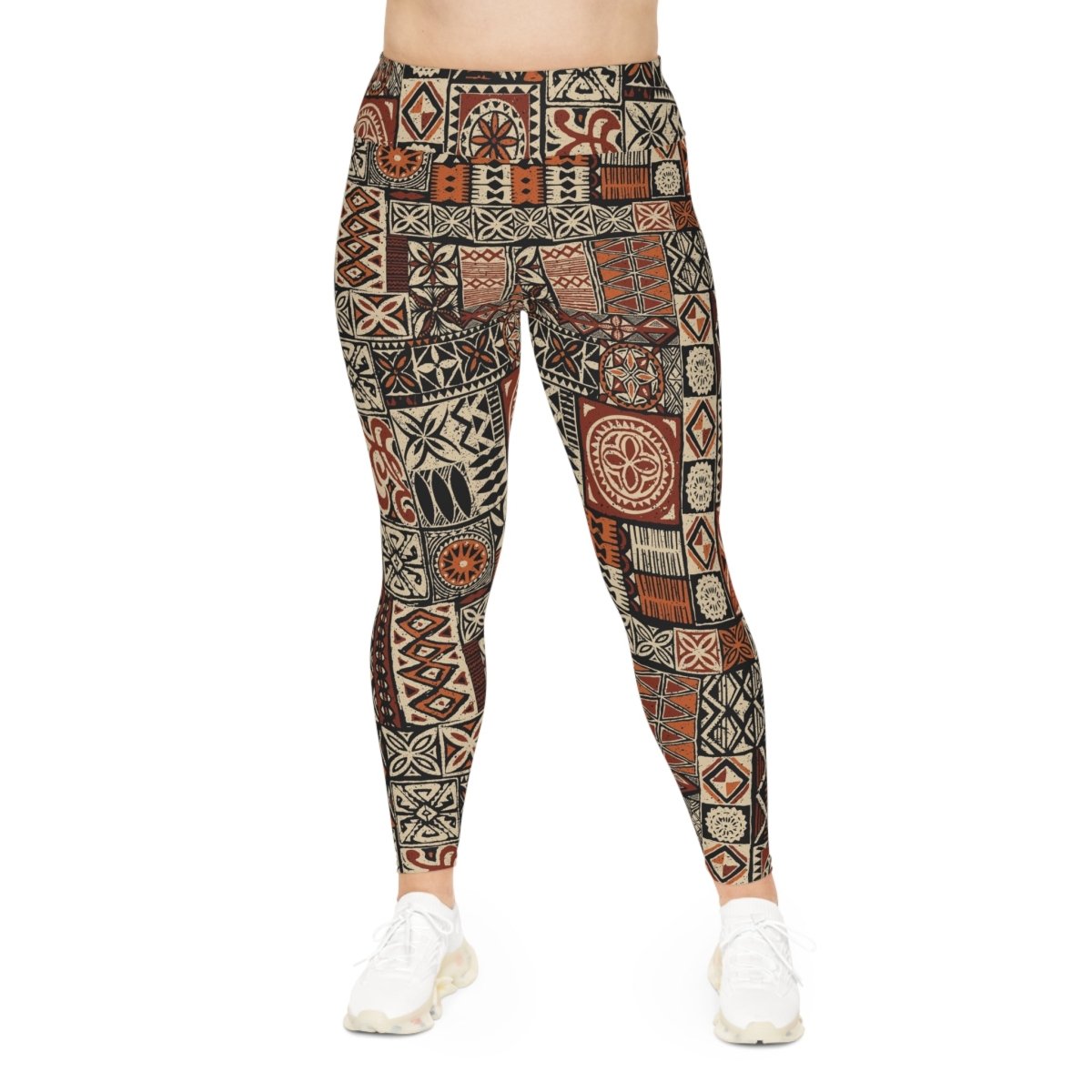 Plus size IslandCurvy 2XL to 6XL leggings featuring Elei pattern from Subliminator, shown on a model.