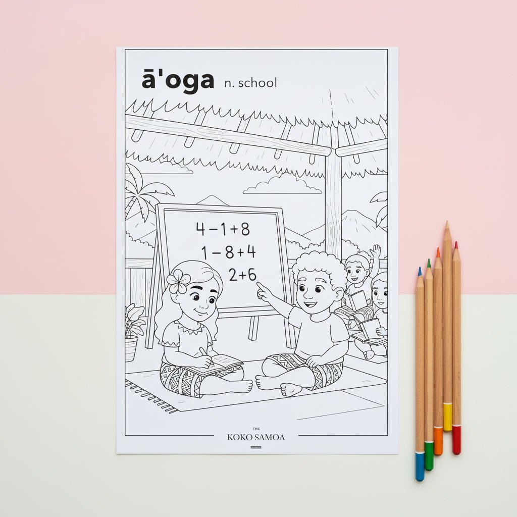 Downloadable Learn and Colour Sheet by THE KOKO SAMOA featuring educational designs for children in AU, NZ, and USA.