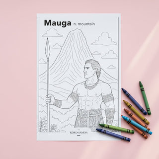 Downloadable Learn and Colour Sheet by THE KOKO SAMOA featuring Mauga design, ideal for kids in AU, NZ, and USA.
