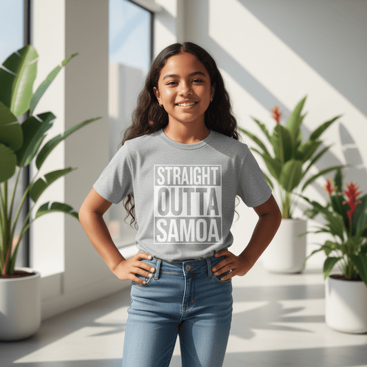 Kids unisex navy tee by The Print Bar featuring "Straight Outta Samoa" design, perfect for kids' casual wear.