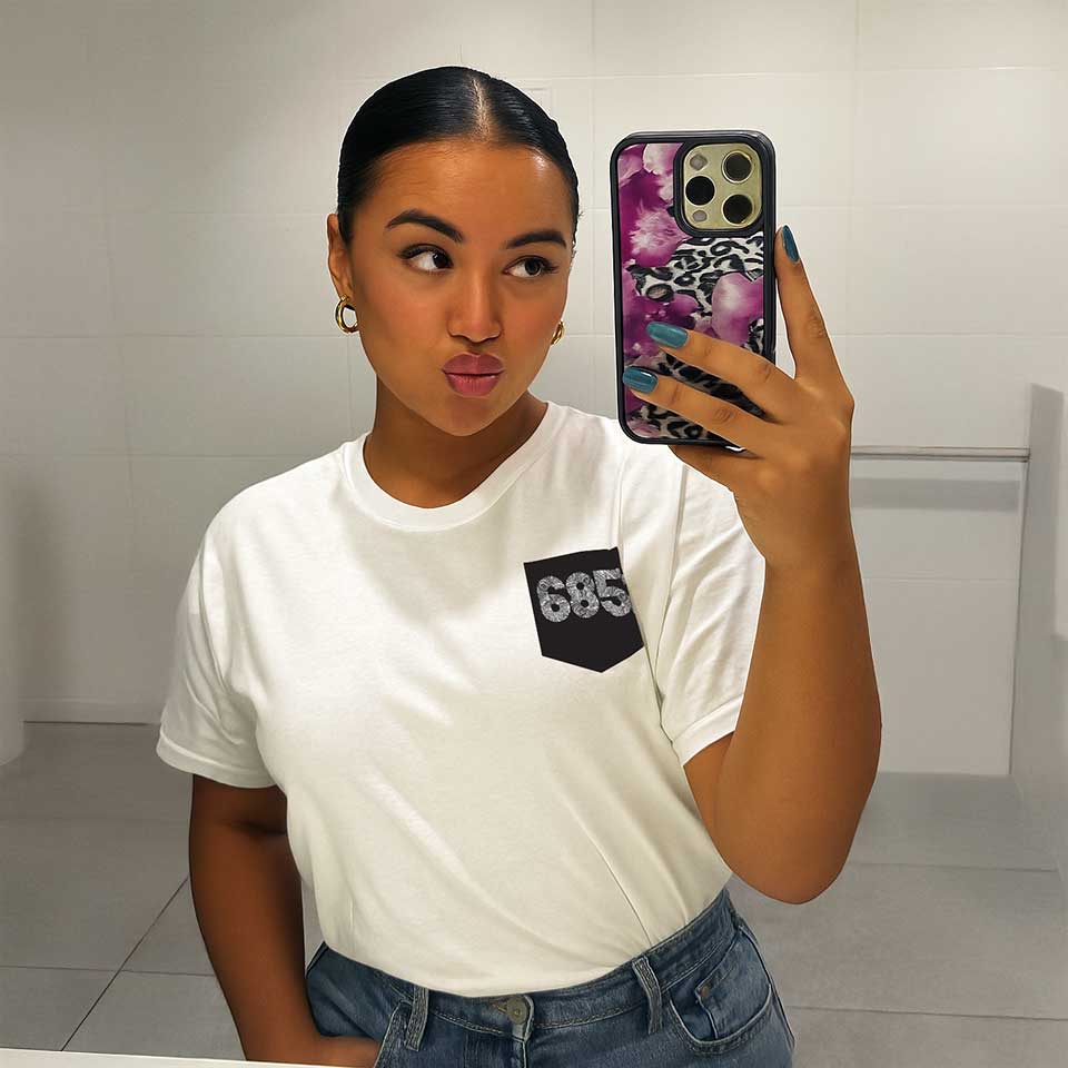 Unisex soft army green tee with '685 Pocket' print by The Print Bar, showing the front view with pocket detail and casual fit.