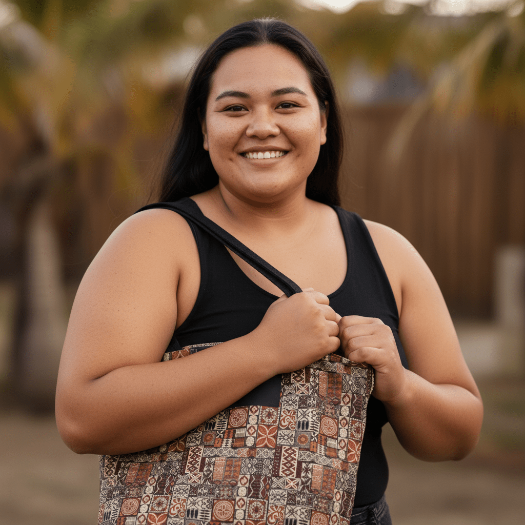 Elei tote bag featuring vibrant traditional Samoan Koko Samoa design with sturdy handles and colorful fabric.