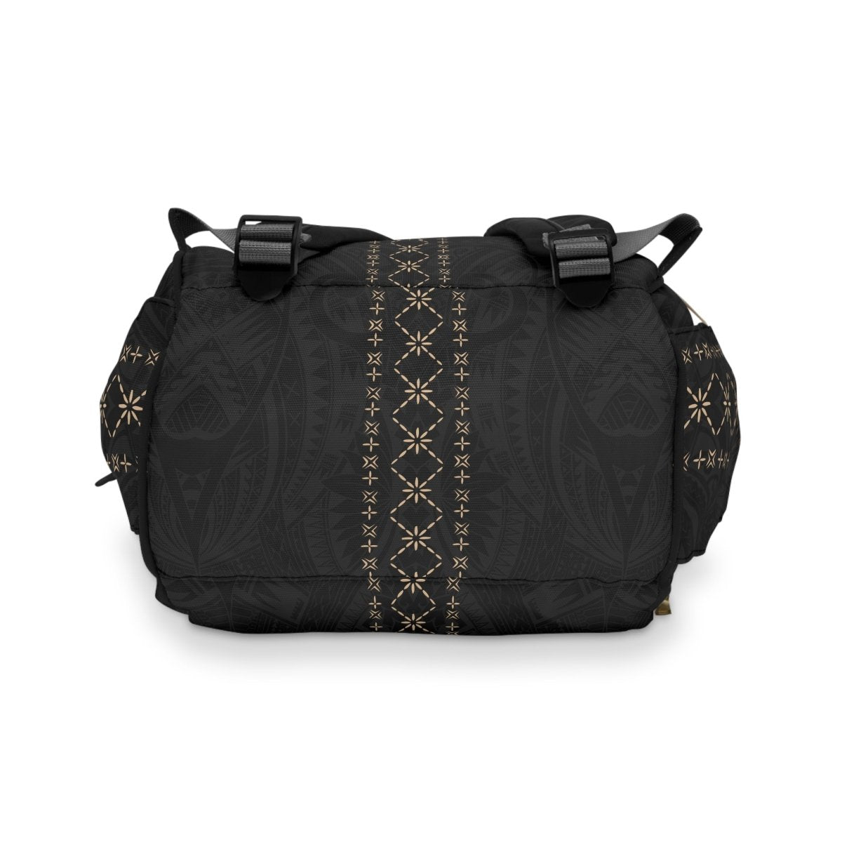 Multipurpose Diaper Bag Malu with multiple compartments, black fabric, and adjustable straps for convenient baby gear storage.
