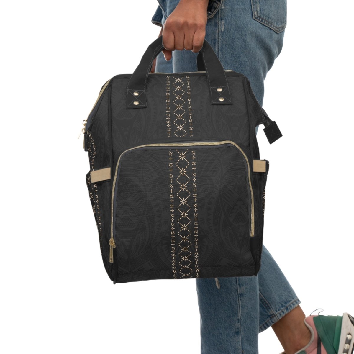 Malu Multipurpose Diaper Bag with multiple compartments and adjustable straps, black fabric, spacious and practical for parents.