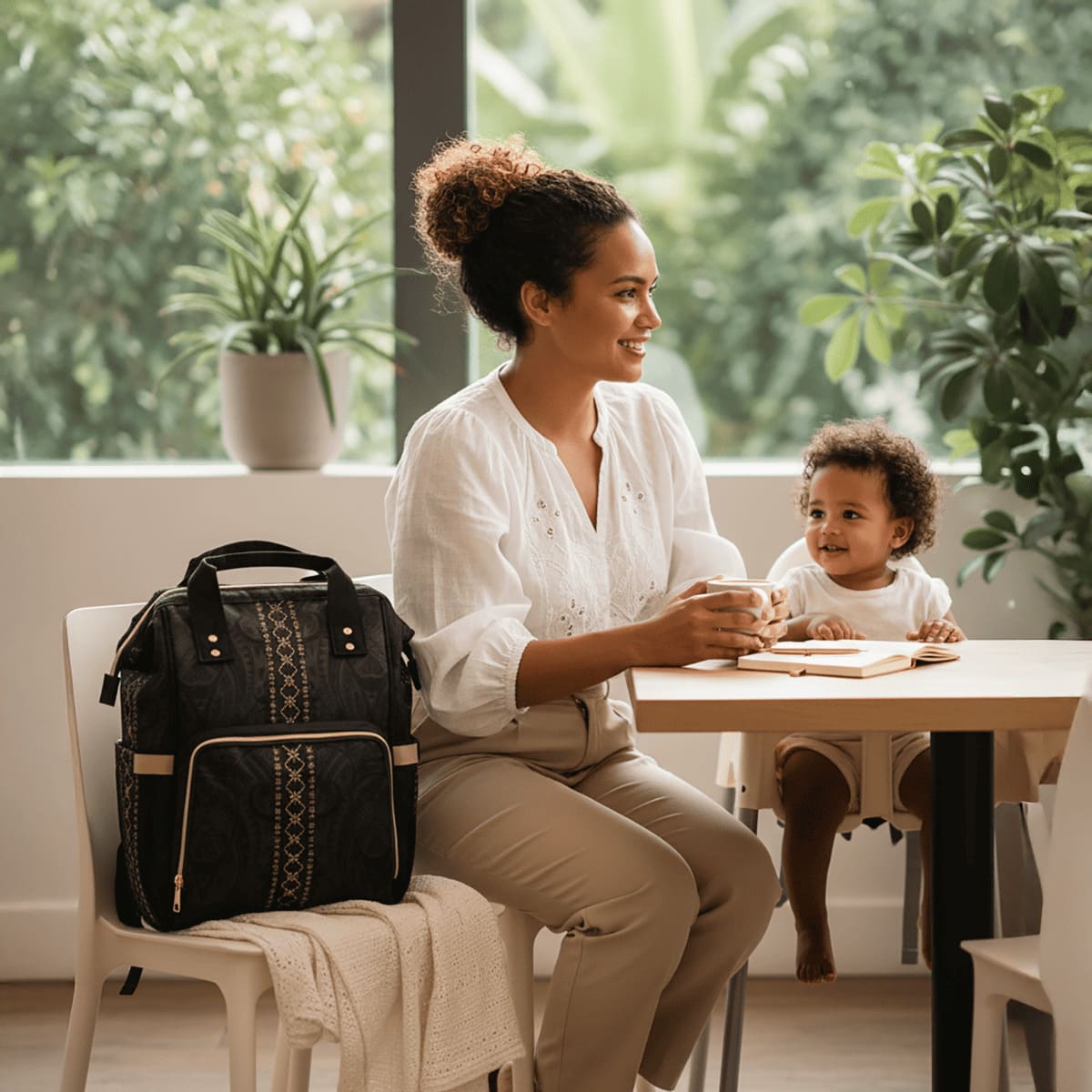 Malu multipurpose diaper bag with multiple compartments, black fabric, adjustable straps, and spacious design for parents.