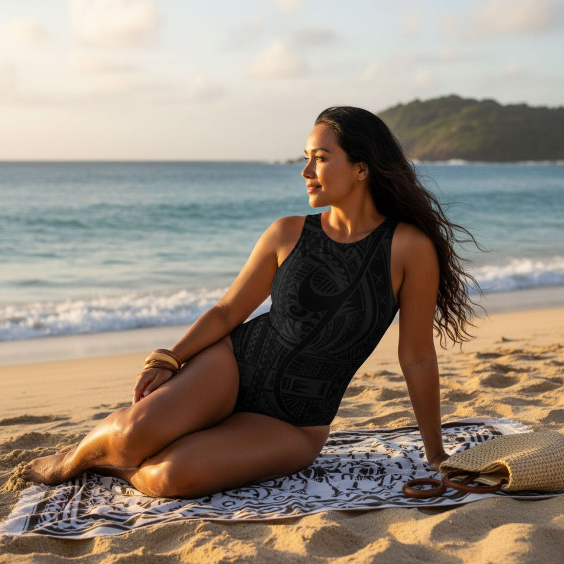 Black women's classic one-piece swimsuit by Artsadd featuring a sleek design, suitable for swimming and beachwear.