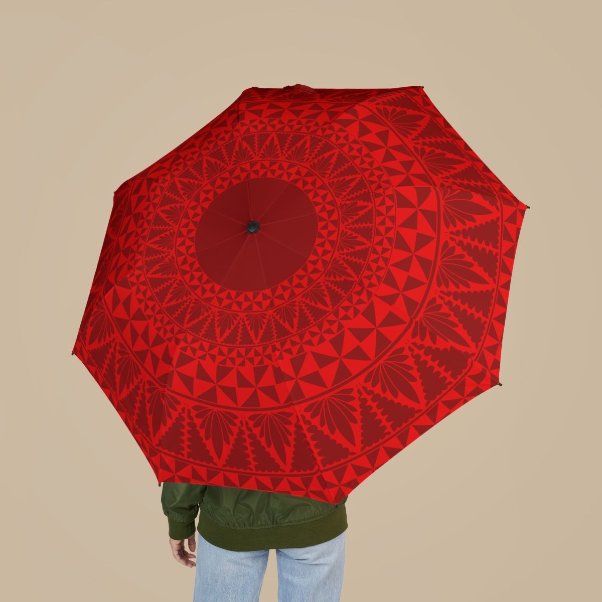 PasifikaOne Tongan Red umbrella, 48-inch (122cm) size, vibrant red fabric with Polynesian-inspired patterns, accessories.