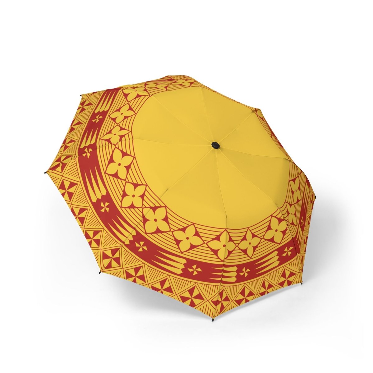 Artsadd PasifikaOne yellow Tongan umbrella, 48-inch size, with vibrant Tongan patterns, ideal for sun or rain protection.