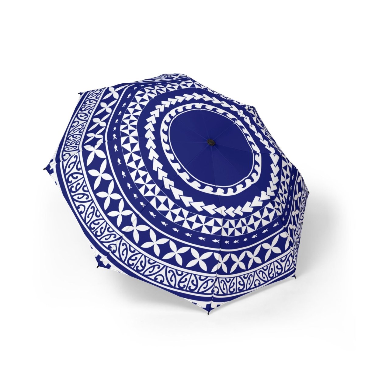 Artsadd PasifikaOne umbrella in United Blue, 48-inch (122cm) size, with a vibrant Polynesian-inspired design, open and ready to use.
