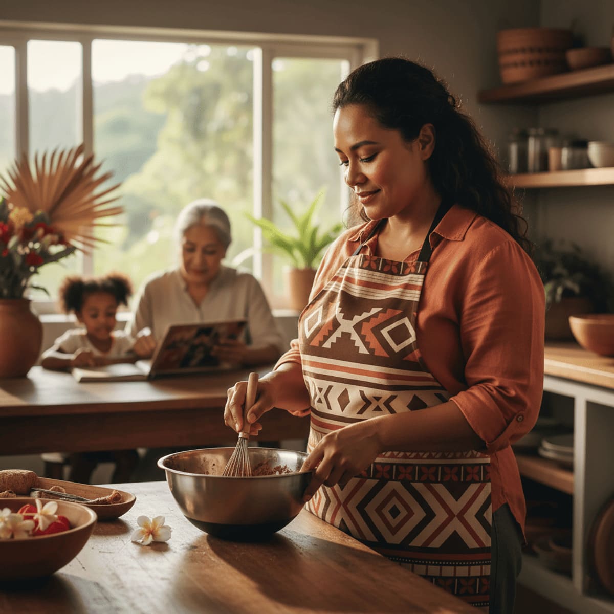 Black Siapo apron by Colorway, one size, suitable for AU, NZ, and USA, featuring traditional Polynesian-inspired design.