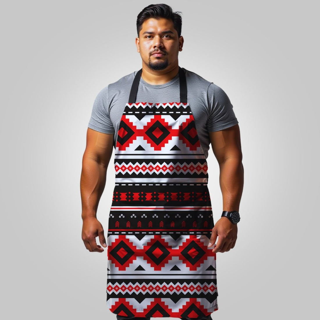 Black tribal print apron by Colorway, one size, featuring bold patterns suitable for cooking or crafting.