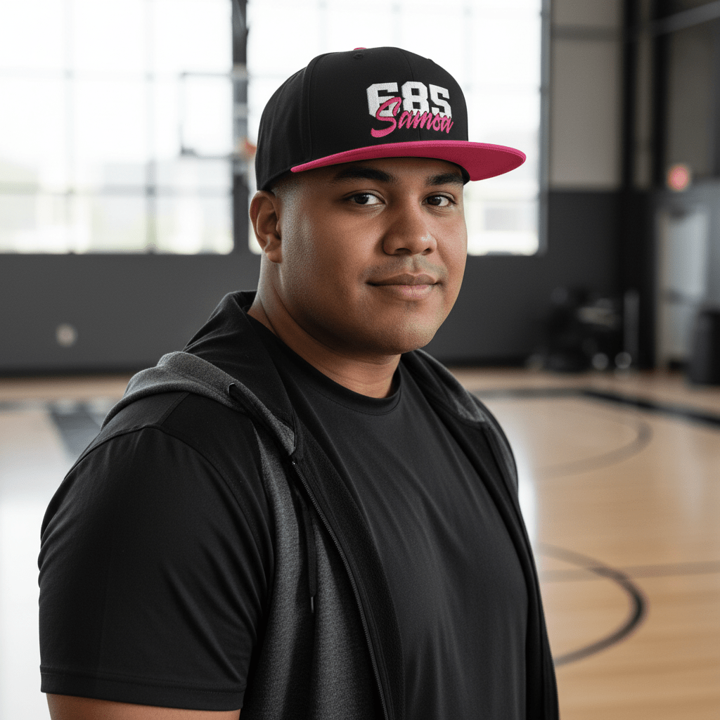 Fulfill Engine Flat Bill Snapback Hat in white with neon pink Samoa embroidery, stylish men's and women's hat in AU, NZ, and USA.