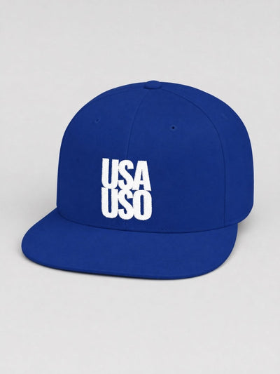 Flat Bill Snapback Hat  — USA USO  - White Embroidery