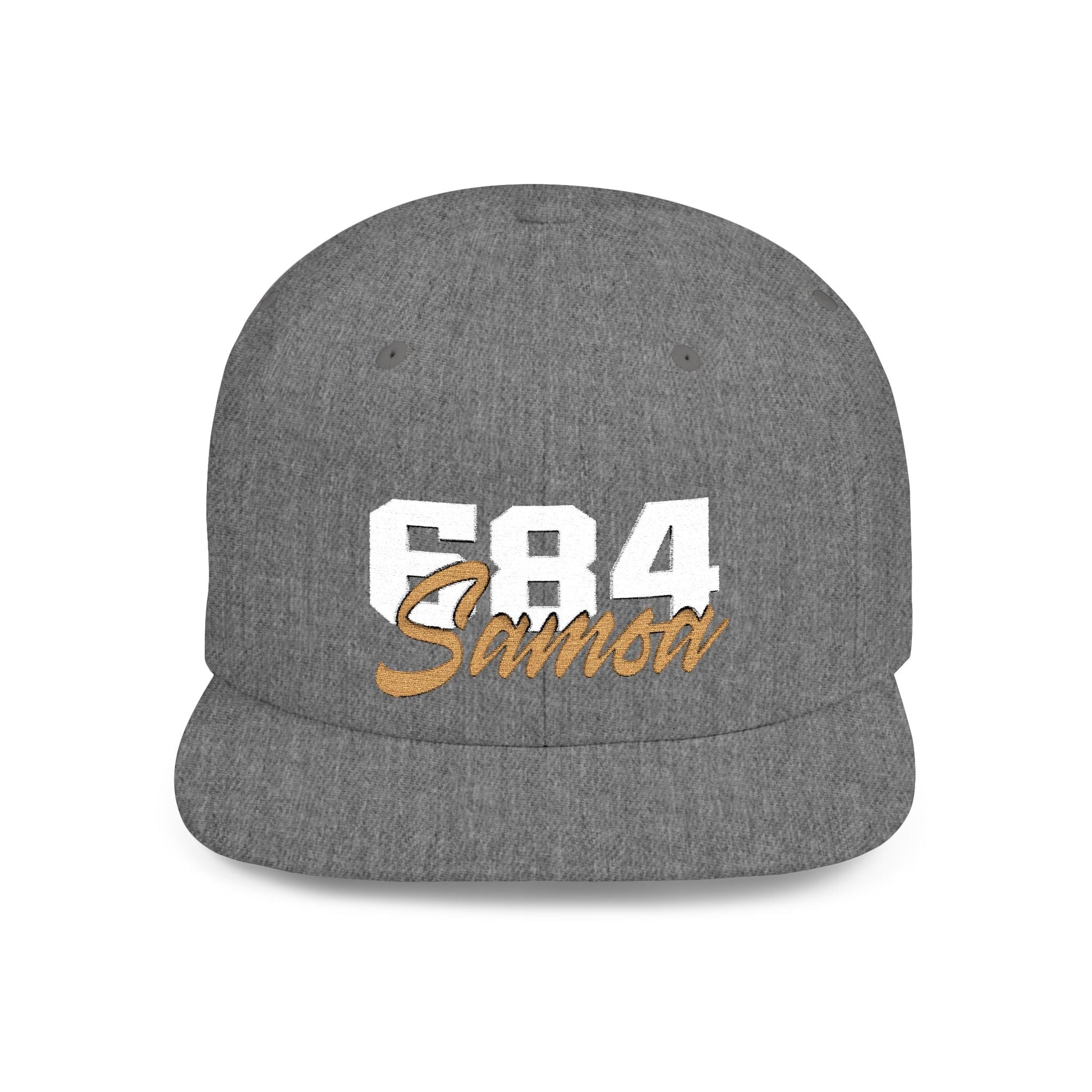 Fulfill Engine flat bill snapback hat with white and gold Samoa embroidery, adjustable one size, black cap, stylish and casual.