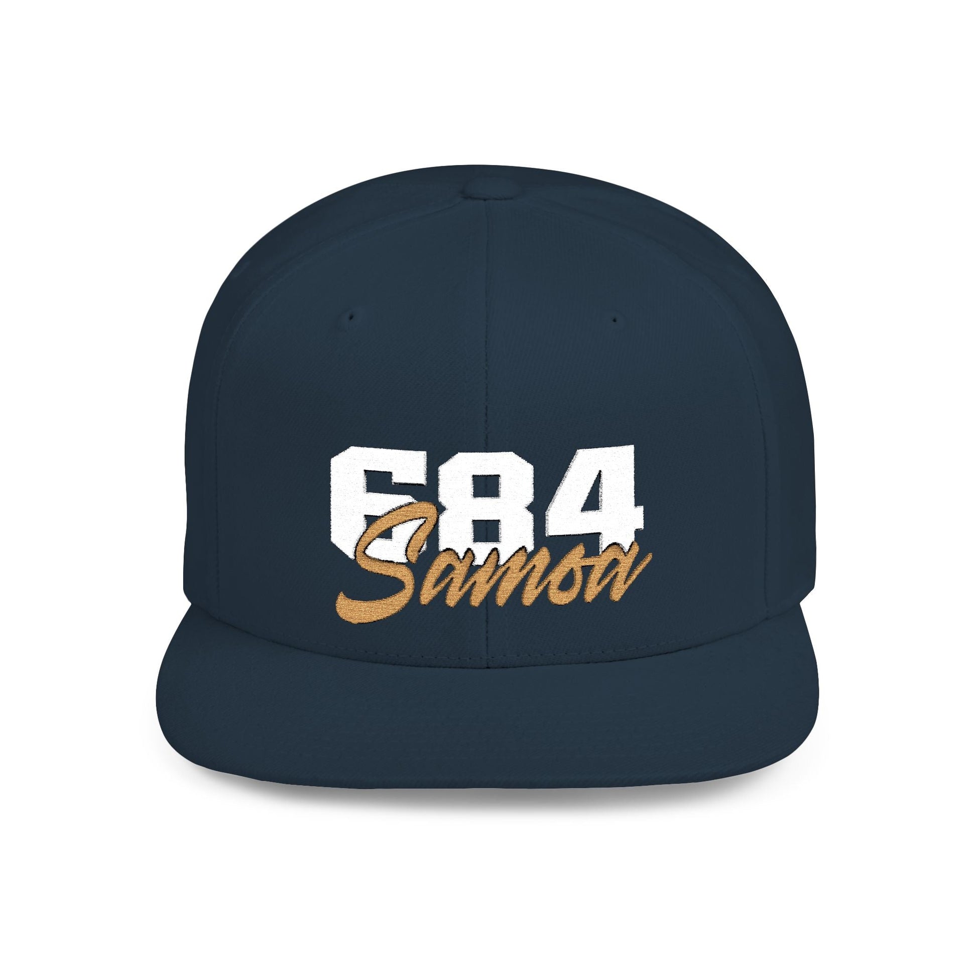 Fulfill Engine Flat Bill Snapback Hat in black with white and gold Samoa embroidery, adjustable one size for AU, NZ, and USA.