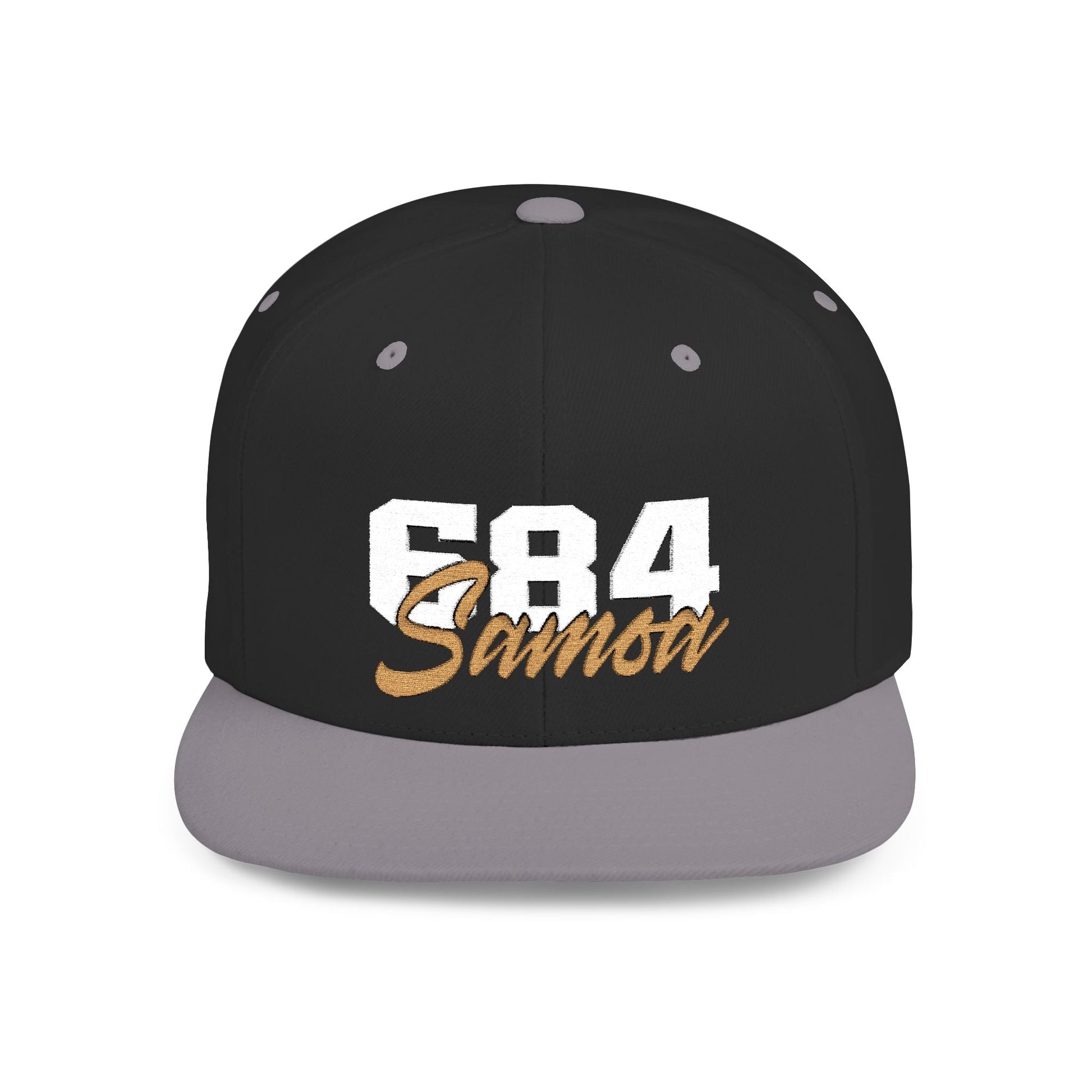 Fulfill Engine flat bill snapback hat in black with white and gold Samoa embroidery, one size fits all, AU/NZ/USA style.