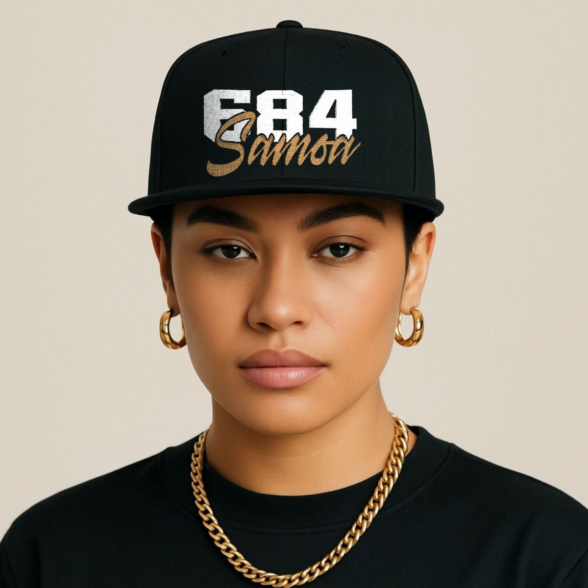 Fulfill Engine flat bill snapback hat with white and gold Samoa embroidery, one size, black, stylish and adjustable.