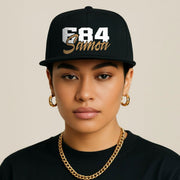 Fulfill Engine flat bill snapback hat with white and gold Samoa embroidery, one size, black, stylish and adjustable.