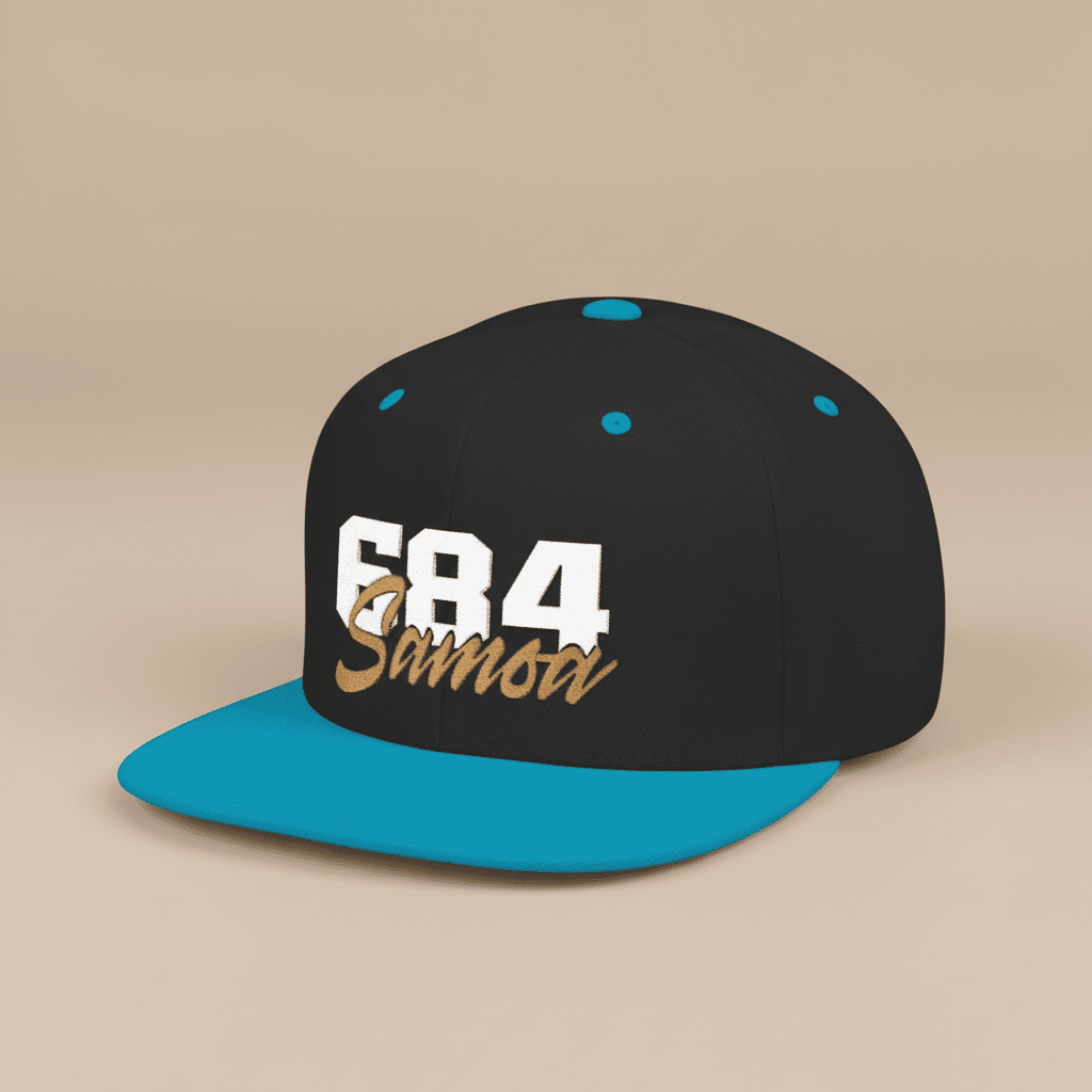 Fulfill Engine flat bill snapback hat in black with white and gold Samoa embroidery, one size fits all, suitable for AU, NZ, and USA.