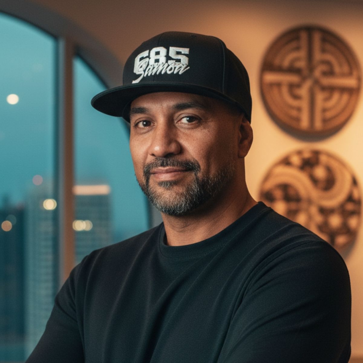 Fulfill Engine flat bill snapback hat in black with white Samoa embroidery, featuring a classic adjustable design and flat brim.