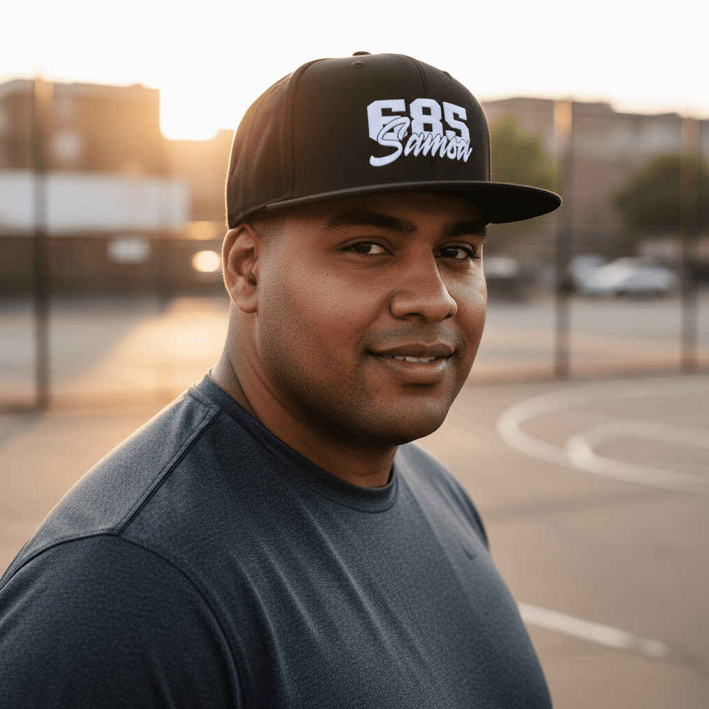 Black flat bill snapback hat by Fulfill Engine featuring white embroidery and one-size fit, model 685 Samoa, suitable for AU, NZ, and USA.