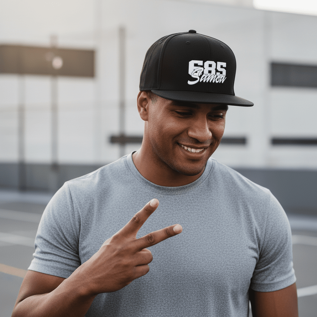 Fulfill Engine flat bill snapback hat in black with white embroidery, featuring Samoa design, one size fits most, AU/NZ/USA style