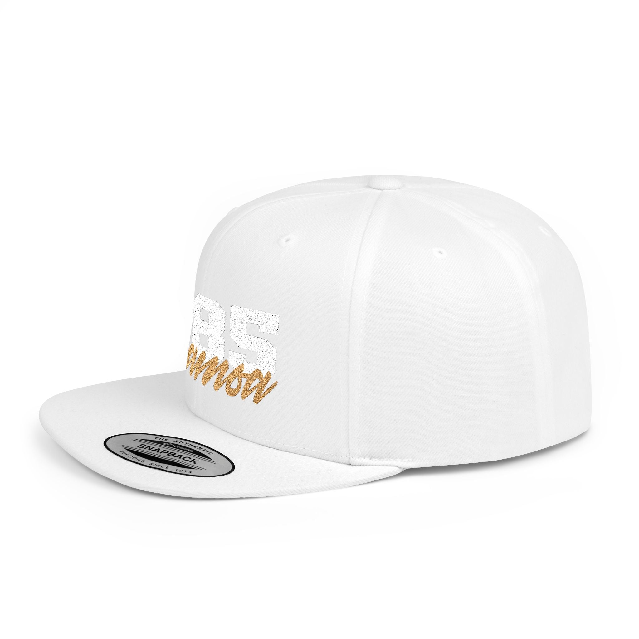 Fulfill Engine Samoa flat bill snapback hat with white and gold embroidery, black color, one size, casual streetwear style.